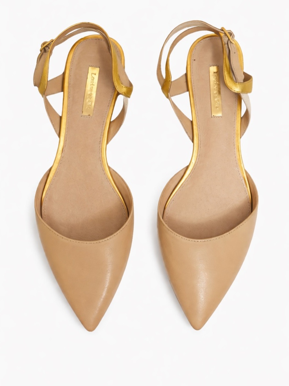 Louise et Cie Women’s Nude Leather Slingback Flats Gold Trim Pointed Toe 8.5 39